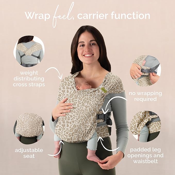 Boba Bliss Pre-Wrapped Baby Carrier with Buckle - Newborn to 7-35 lbs Light, Breathable & Easy to Adjust Hybrid Infant Sling & Toddler Carrier - Certified Hip-Healthy for 0-18 Months - Sand Leopard