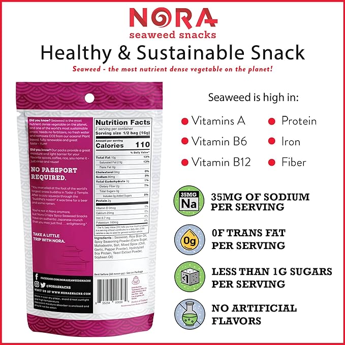 Crispy Spicy Seaweed Snacks by Nora, Thick Nori Sheets Snack Strips, Low-Carb Healthy Snacks for Adults, Asian Snacks, Vegan, Gluten-Free, Non-GMO, 6-Pack