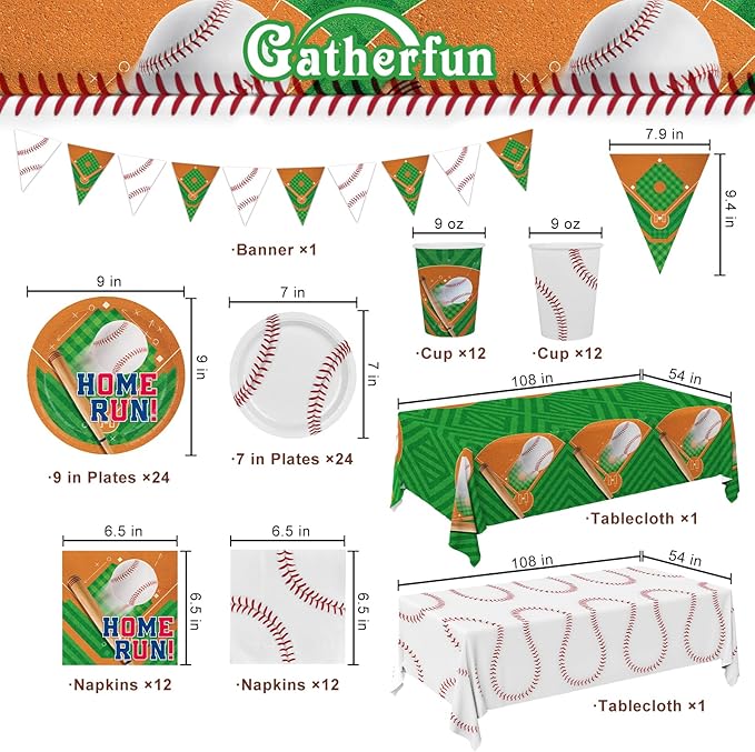 Baseball Party Supplies Kit for 24 - Complete with Dinner & Dessert Plates, Napkins, Cups, Banner & Tablecloth Baseball Birthday & Gameday Celebrations，Baseball Party Decorations & Favors