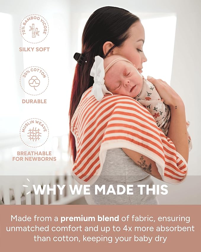 Nightingale Baby Washcloths, Rayon from Bamboo Baby Clothes Organic Wash Cloths with Cotton, Newborn Bath Essentials, Burping Cloths for Babies, Face Towels Reusable 12"x12" (Floral) 6 Pack