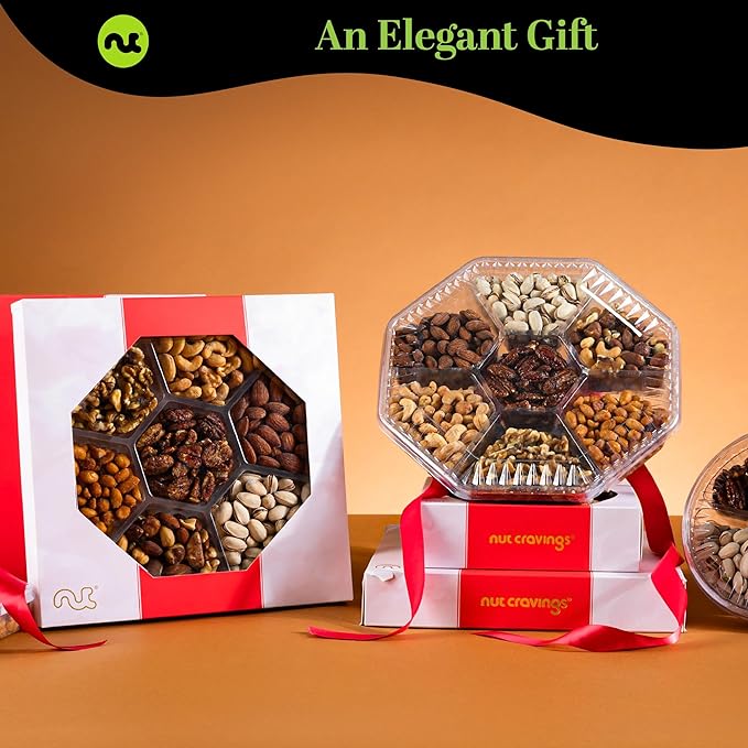 NUT CRAVINGS - Mixed Nuts Gift Basket in Red Gold Box (7 Assortments, 1 LB) Food Arrangement, Healthy Snack Care Package, Food Assortments