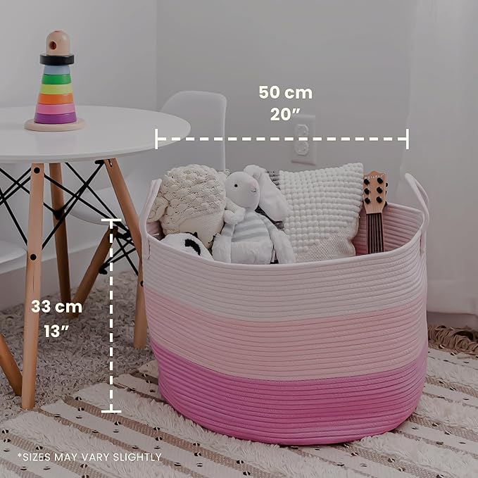 OrganiHaus Toy Storage Basket for Kids, Large Cotton Rope Organizer Bin for Nursery, Toy Box, Blanket Holder, Baby Hamper for Living Room, Soft & Washable, 20x13 inches - Pink
