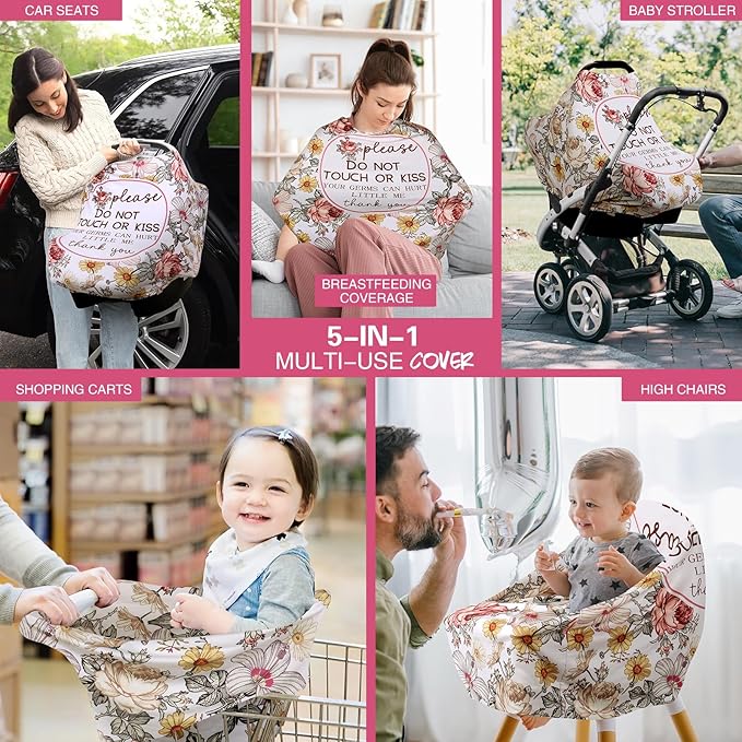 Metplus Breathable Car Seat Cover for Babies, Stretchy Nursing Cover for Breastfeeding, Multi Use Newborn Carrier/Stroller/Shopping Cart, Girl Boy Stroller Cover Gift