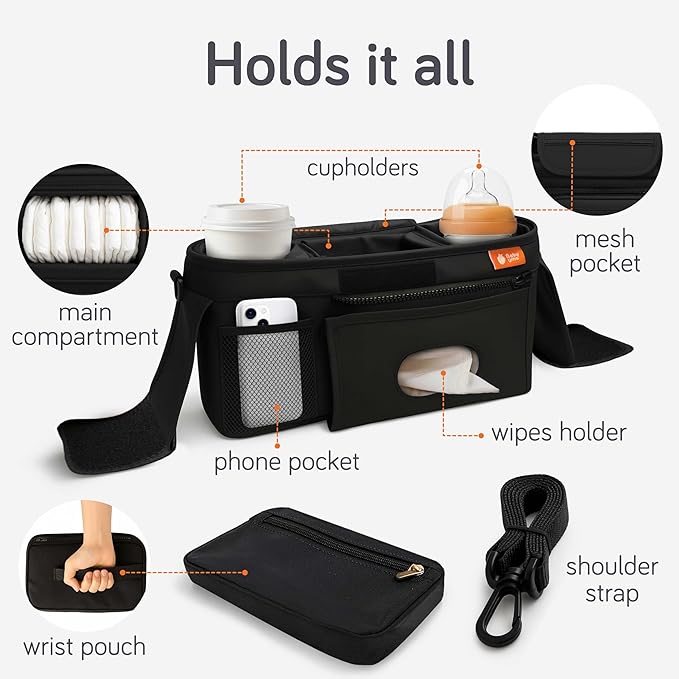 Baby Uma Universal Stroller Organizer Bag - Stroller Caddy Organizer with XL Insulated Cup Holder (x2), Phone Holder, Wipes Dispenser, Zip-Off Wrist Bag & Clip-On Shoulder Strap, Baby Travel Gear