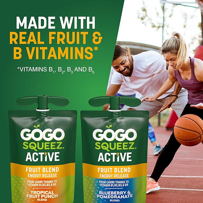 GoGo squeeZ Active Fruit Blend Energy Release | 18-Count Variety Pack | Tropical Fruit Punch and Blueberry & Pomegranate | Made with Real Fruit and B Vitamins