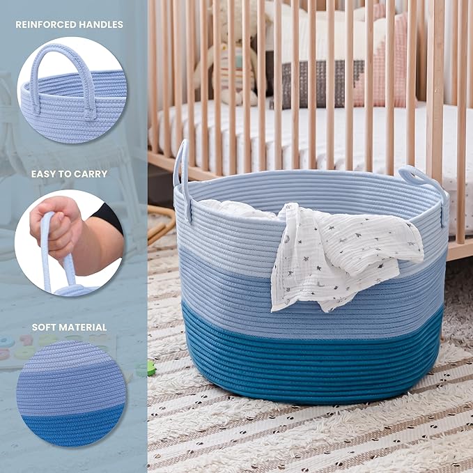 OrganiHaus Toy Storage Basket for Kids, Large Cotton Rope Organizer Bin for Nursery, Toy Box, Blanket Holder, Baby Hamper for Living Room, Soft & Washable, 20x13 inches - Blue
