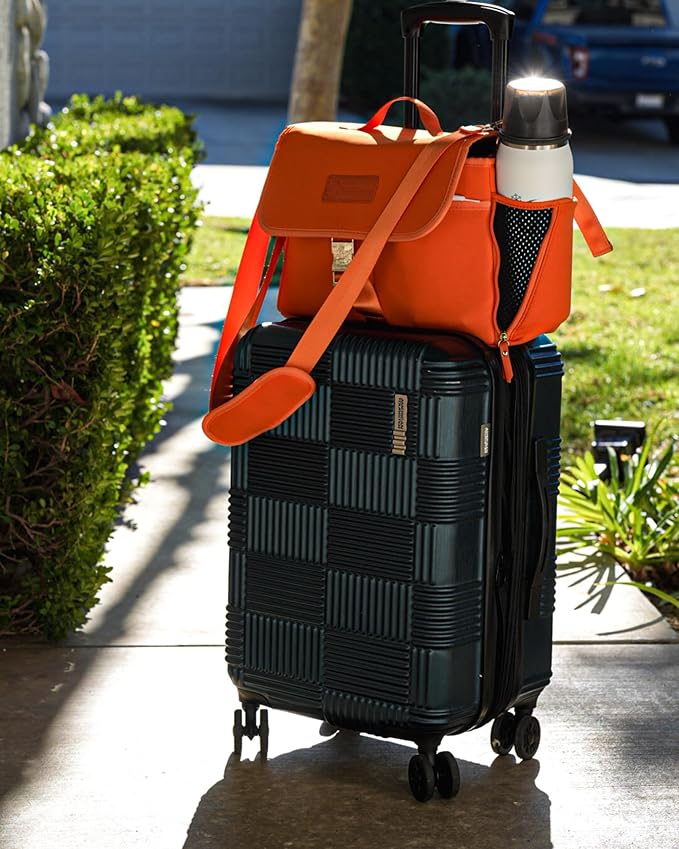 Sarah Wells Stroller Caddy & Pump Bag – Insulated Neoprene Diaper Organizer with Crossbody Strap, Machine Washable, Luggage Sleeve – Fits Single & Double Strollers (Orange)