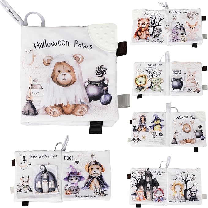 Ali+Oli Baby Cloth Book – Soft Sensory Crinkle Book with Teether for Infants 0-12 Months – Early Learning Touch & Feel Tummy Time Toy – Newborn Shower Gift for Christmas - Halloween Paws