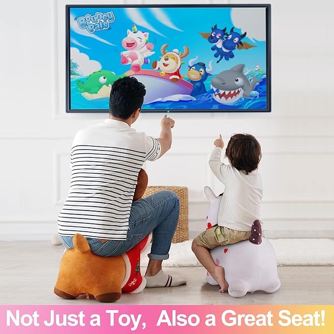 iPlay, iLearn Bouncy Pals White Hopping Horse, Inflatable Bouncing Animal Hopper Toy W/Pump, Plush Ride on Bouncer, Indoor Outdoor Birthday Gifts for 18 24 Month 2 3 4 5 Year Old Toddler Kid Boy Girl