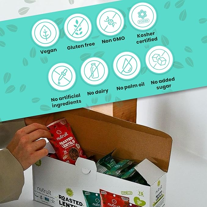 Nutruit Roasted Lentil Snack - Himalayan Salt & Black Pepper Healthy - Vegan, Gluten Free, Non-GMO, High Protein, Healthy On-The-Go, Low Calorie Lentils - 1.2oz Packs (20-Pack)