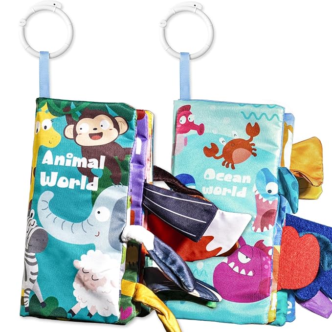 Soft Book Toys for Babies 0-18 Months, 2PCS Crinkle Cloth Books – Animals and Ocean Themes, Tails Sensory Book with Rings for Hang, Montessori Early Learning Infant Toy for 0-6-12-18 Month