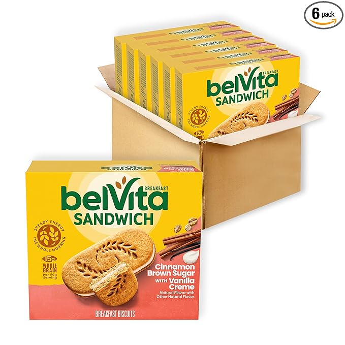 belVita Breakfast Bar Biscuit Sandwiches, Cinnamon Brown Sugar with Vanilla Creme, 30 Total Packs, 6 Boxes (2 Biscuits Per Pack)