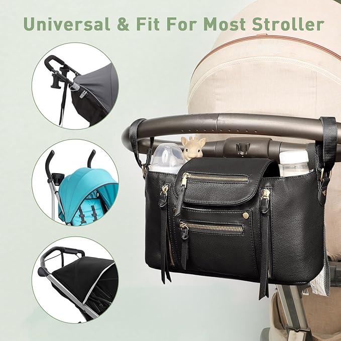miss fong Stroller Organizer with Insulated Cup Holder Stroller Caddy Stroller Accessory BagStroller Diaper Bag Stroller Storage Stroller Bag with Adjustable Strap to Fit All Strollers (Black)