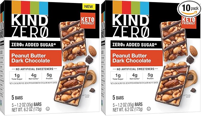 KIND ZERO Added Sugar Bars, Peanut Butter Dark Chocolate, Keto Friendly Snacks, Gluten Free, 5g Protein, 5 Count (Pack of 2)