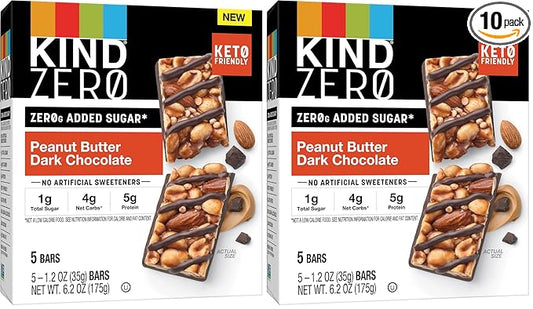 KIND ZERO Added Sugar Bars, Peanut Butter Dark Chocolate, Keto Friendly Snacks, Gluten Free, 5g Protein, 5 Count (Pack of 2)