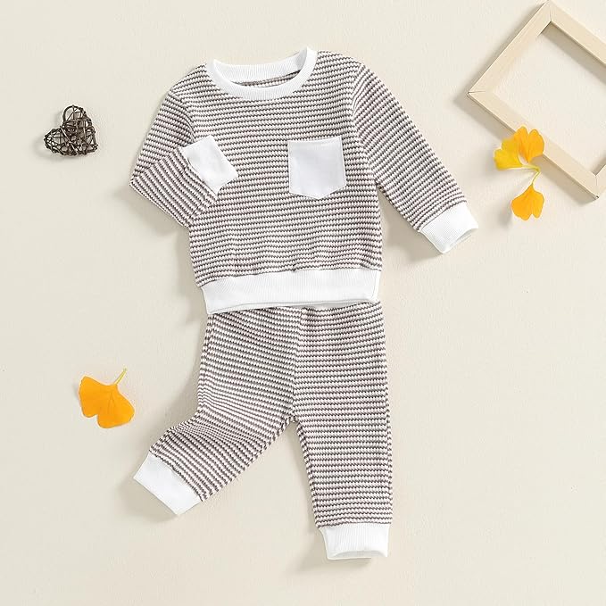 Baby Boy Toddler Fall Outfit Striped Sweatshirt Toddler Boy Winter Waffle Clothes 3 6 12 18 Months 2 3 T Pant Set