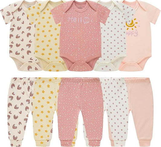 Baby Newborn Layette 10-Piece Sets Cotton Bodysuits Pants Sets for Baby Boys Girls Toddler Unisex Baby Gift Set