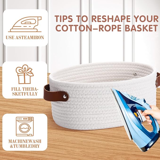 3 Pack Small Woven Basket for Gifts with Handles Clear Bags and Ribbons Empty Storage Basket Decorative Chest Box for Birthday Present Baby Shower Wedding(White,12"x 8"x 5")