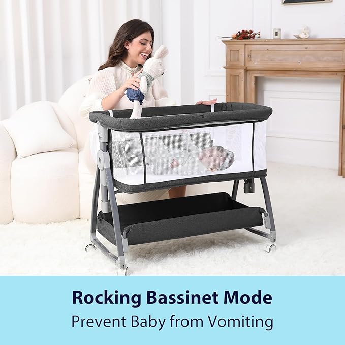 Baby Bassinet Bedside Sleeper, 3 in 1 Rocking Bassinet for Baby, Arms Reach Co Sleeper Bassinet with Wheels, Adjustable Height, Storage, Mattress & Canopy (Black)