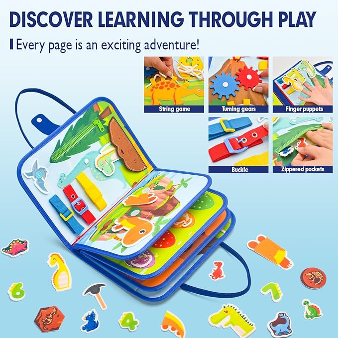 Busy Board Montessori Toys for Toddlers 1 2 3 4 Years Old, Busy Book for Toddlers 1-3 to Develop Fine Motor Skills, Travel Educational Gift for Boys (Dinosaur)