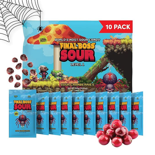 Final Boss Sour Candy, Sour Cranberries, 10 Pack, Level 1, Fruit Chews with Real Dried Fruit, No Artificial Colors or Flavors, Low Calorie Snack for Kids, Teens, Adults, Lunch Boxes & On The Go