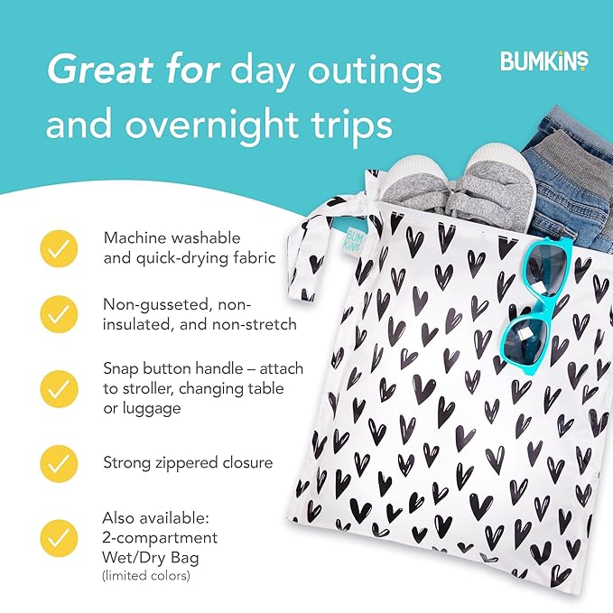 Bumkins Waterproof Wet Bag for Baby, Travel, Swim Suit, Cloth Diapers, Pump Parts, Pool, Beach, Gym Clothes, Toiletry, Hook to Stroller, Daycare, Zipper Reusable Wetdry Packing Pouch, Black Hearts