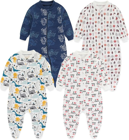 Baby Boys Girls Footies One-Piece Romper Long-Sleeve Jumsuit Cotton Newborn Clothes Set 4-Pack, Baby Pajamas