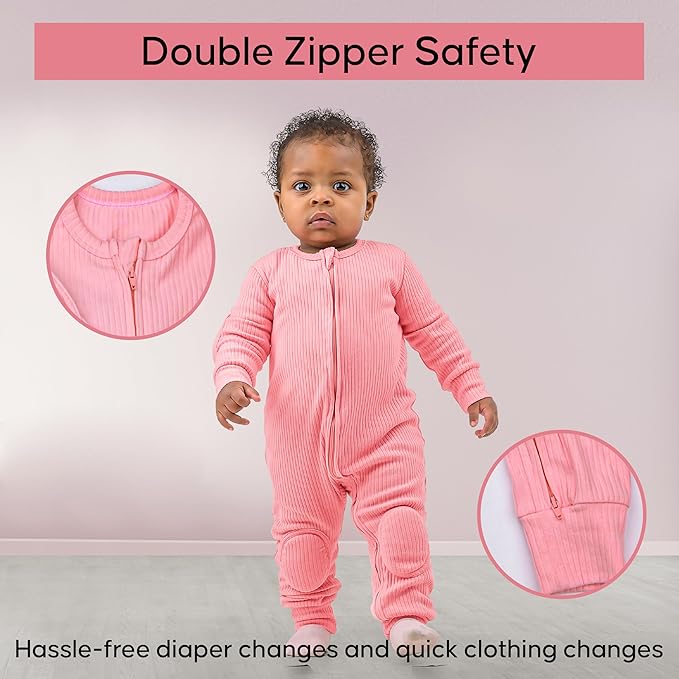 Premium Baby Romper Onesie - 100% Cotton, Double Zipper, Knee & Elbow Pads Extra Safety with Peace of Mind