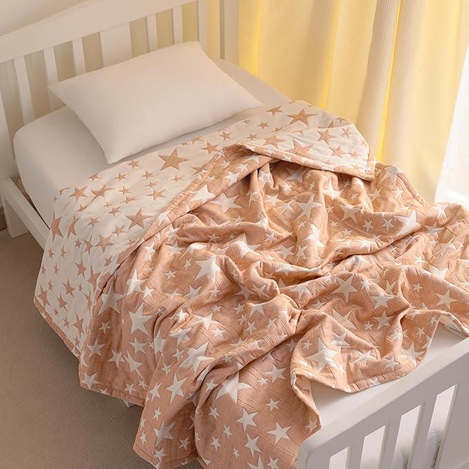 NTBAY 3 Layer Toddler Blanket, Muslin Cotton Jacquard Bed Blankets, Lightweight Thermal Baby Blanket, Super Soft and Warm Crib Blanket for All Seasons, Decoration Gift, 30"x40", Pale Orange Star