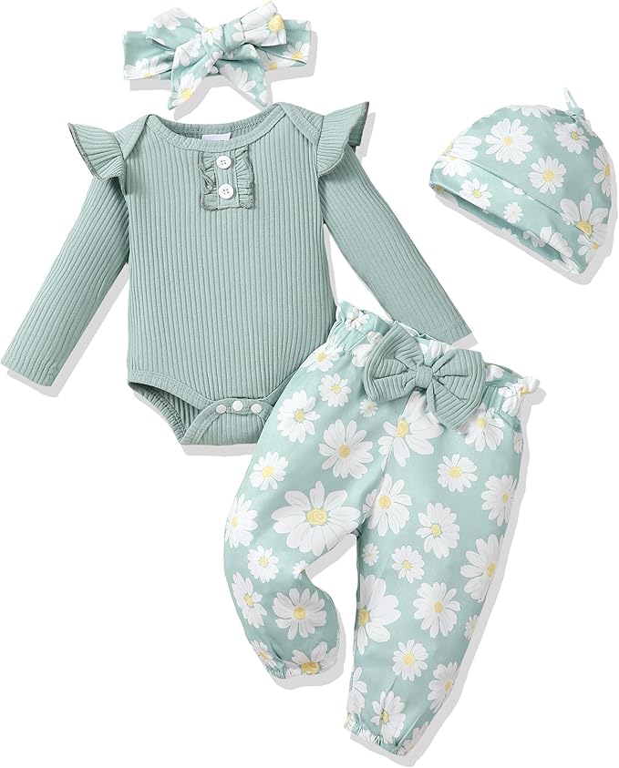 Renotemy Newborn Baby Girl Clothes Outfits Infant Romper Ruffle Floral Pants Cute Toddler Baby Girl Clothes Set