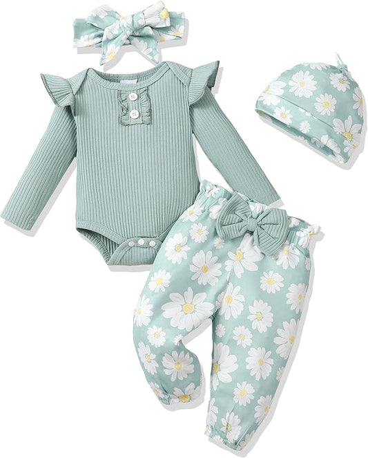 Renotemy Newborn Baby Girl Clothes Outfits Infant Romper Ruffle Floral Pants Cute Toddler Baby Girl Clothes Set