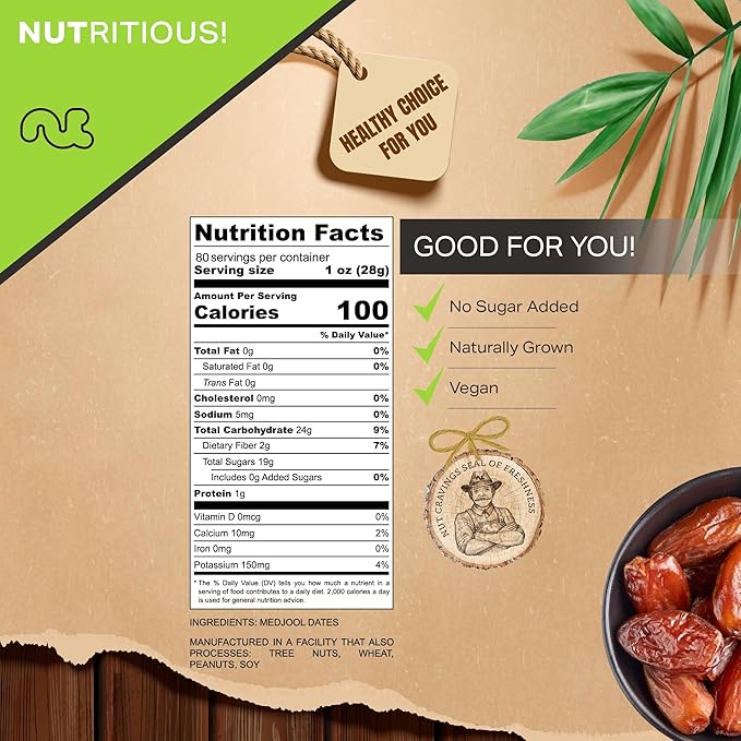 NUT CRAVINGS - Sun Dried Jumbo Medjool Dates, No Sugar Added (80oz, 5 LB) Bulk Dry Fruits Packed Fresh in Resealable Bag - Sweet Healthy Snack, Naturally Grown, Vegan, Kosher