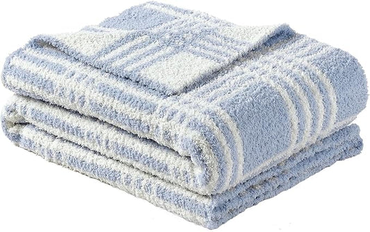 CREVENT 30"X40" Cozy Soft Warm Knitted Baby Blanket for Girls Boys, Newborn Essentials for Infant, Baby Shower Receiving Gift - Line Checked Blue 75X100cm
