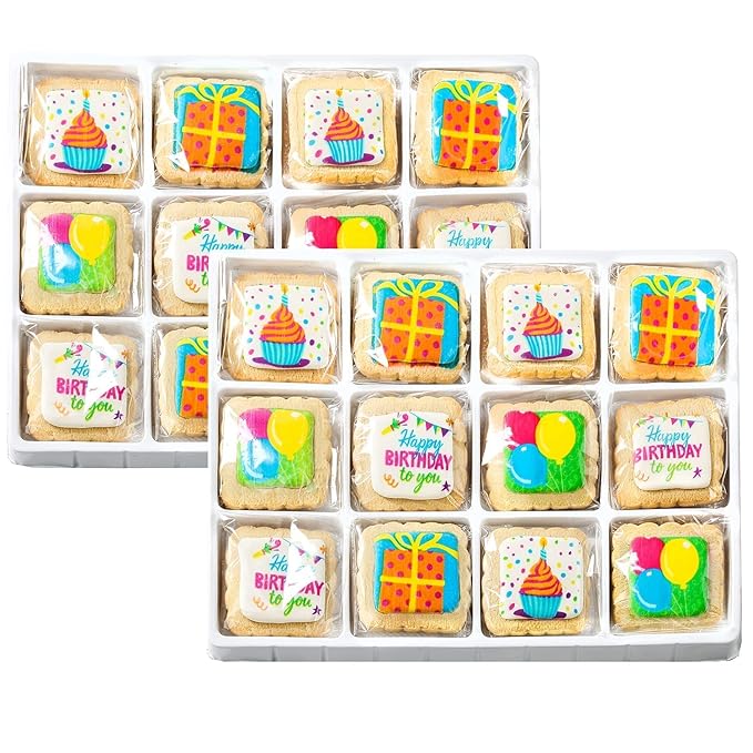Happy Birthday Cookies 24 PACK INDIVIDUALLY WRAPPED Party Favors Gift Basket for Kids Men Women | Decorated Sugar Cookie Gift Box | Nut Free