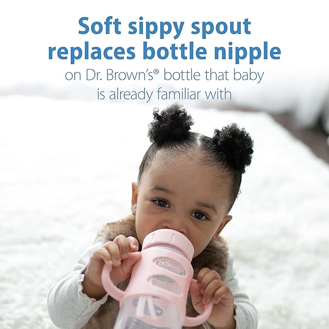 Dr. Brown's Milestones Wide-Neck Sippy Spout Bottle with 100% Silicone Handles, Easy-Grip Handles with Soft Sippy Spout, 9oz/270mL, Light-Pink, 1-Pack, 6m+