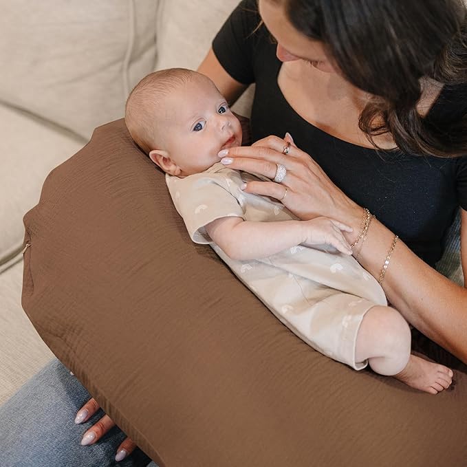 Konssy Muslin Nursing Pillow Covers, Soft and Cute Nursing Covers for Breastfeeding Pillows, Ideal for Newborn Baby Boys and Girls (Coffee, Sun) - 2 Pack