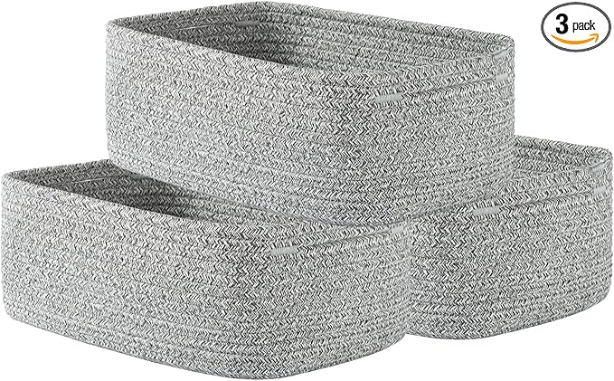 Small Woven Basket, 12 x 8 x 4.5 Inches, Storage Basket for Organizing, Cute Small Rope Shelf Closet Cube Storage Bins Baskets for Shelves, Dog Toy Gift Baskets Empty, 3 Packs, Mixed Grey