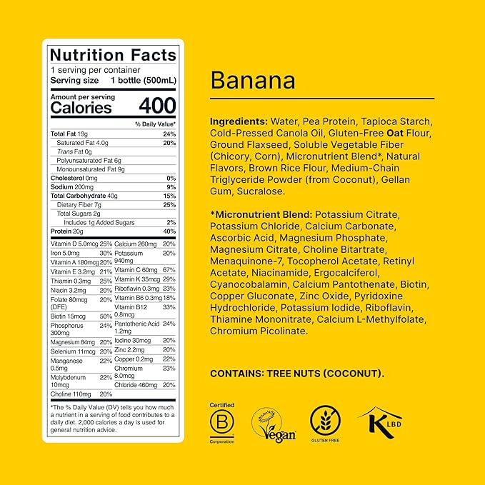 Huel Ready-to-Drink | Banana Meal Replacement Drink | High Protein Drink | Nutritionally Complete, Low Sugar, High Fiber, Plant Based, Vegan, Healthy | 20g Protein Per Bottle, 16.9 Fl Oz (12 Pack)