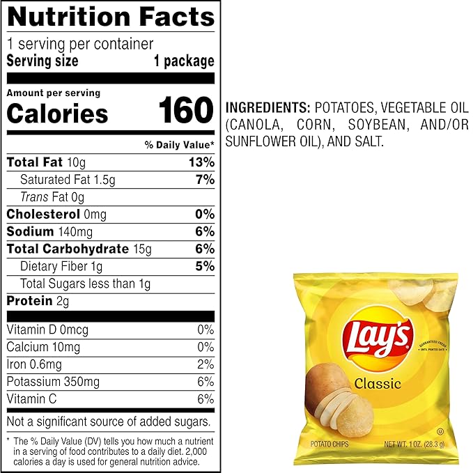 Lay's Potato Chips, Classic, 1 Ounce (Pack of 40)