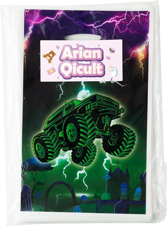 Green Purple Monster Truck Party Favor Bags - 50Pcs Monster Truck Goody Candy Treat Gifts Bags, Green Purple Racing Car Themed Party Decorations for Kids Boys Girls Birthday Supplies