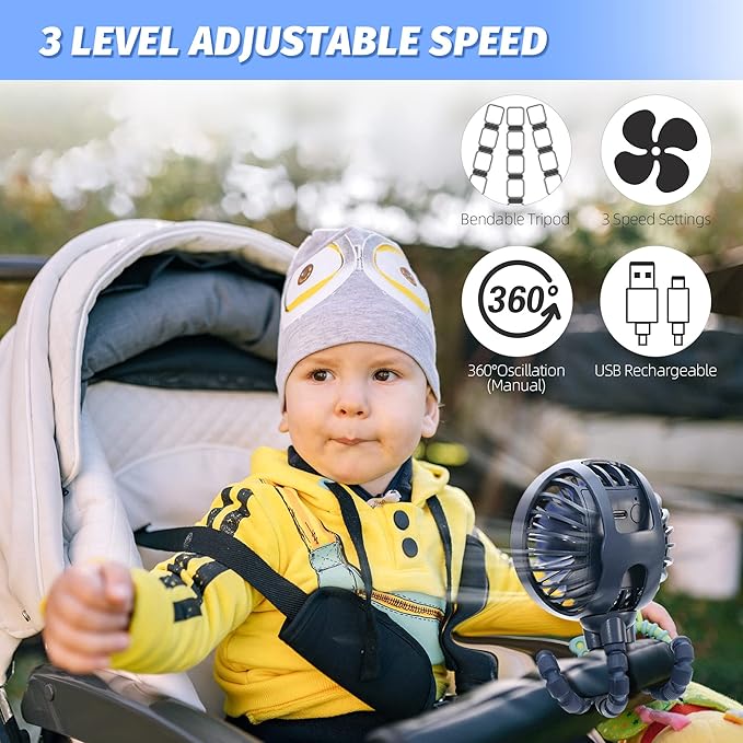 LAT Stroller Fan Flexible Tripod Clip On Fan,Portable Fan Car Seat Baby Fan with Flexible Tripod (Navy Blue)