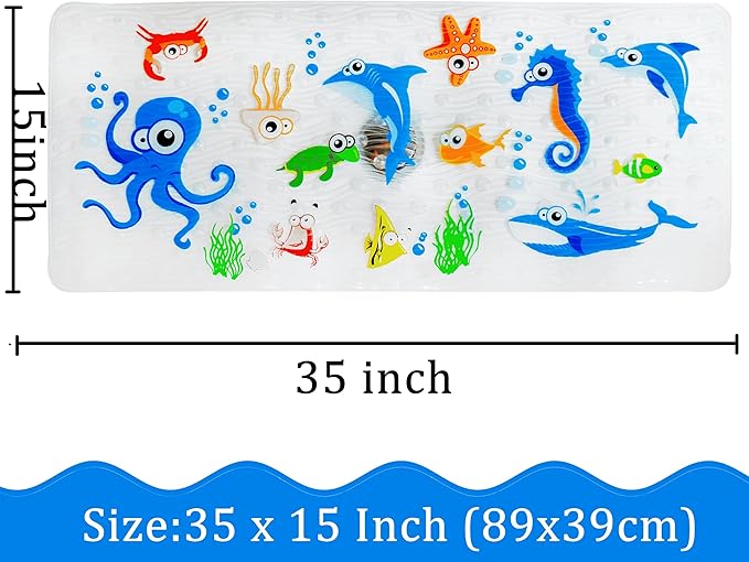 Bath Mats for Tub Kids,Baby Toddler - Large Cartoon Non-Slip Bathroom Bathtub Anti-Slip Shower Mats for Floor 35x15,Machine Washable XL Size Bathroom Mats (Blue-Octopus)