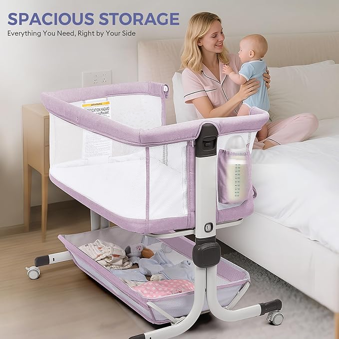 Baby Bassinet Bedside Sleeper, Upgraded Stability Bedside Crib with Full Mesh Sides, Soft Sheet, 6-Height Adjustment, Storage Basket, Easy Folding Portable Bassinet for Newborns,Pinkish Purple