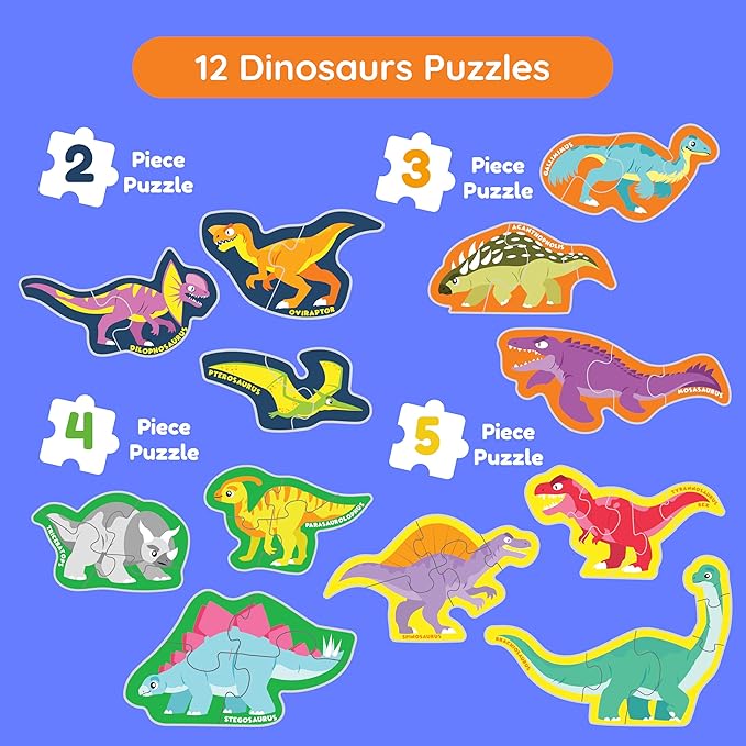 My First Puzzle – Montessori Toy | Dinosaur Montessori Toys Puzzle | Learning Resources Puzzles | 12 Dinosaur Themed Graded Puzzles (2-5 Pieces) | Gifts for Kids for 3 Year Old