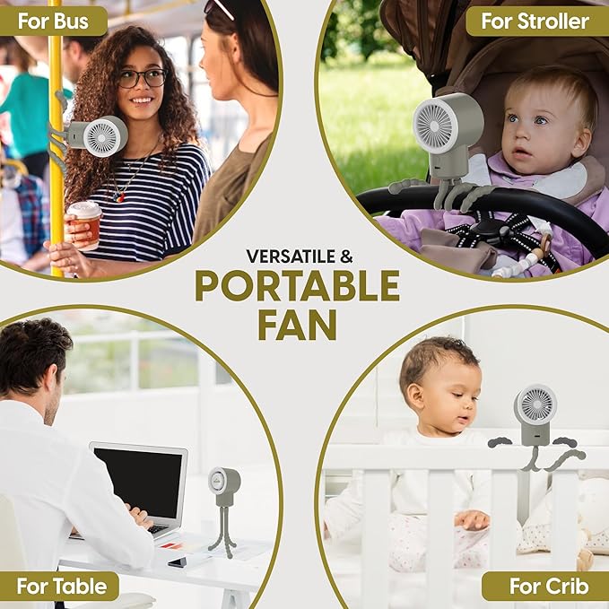 Portable Mini Travel Stroller Fan - Battery Operated, Clip On, Small, Handheld, Rotating, Rechargeable, Personal Fan with Flexible Tripod, 3 Speeds for Baby Crib, Bed Car, Seat Treadmill