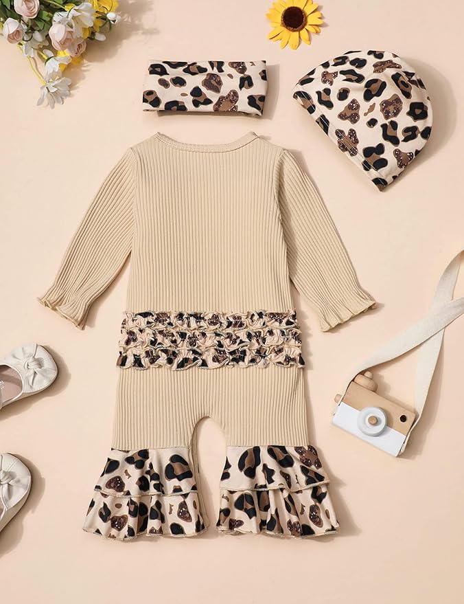 AGAPENG Newborn Girl Clothes Ruffle Letter Print Romper Infant Bell Bottom Jumpsuit Boho Baby Girl Clothes with Headband Hat