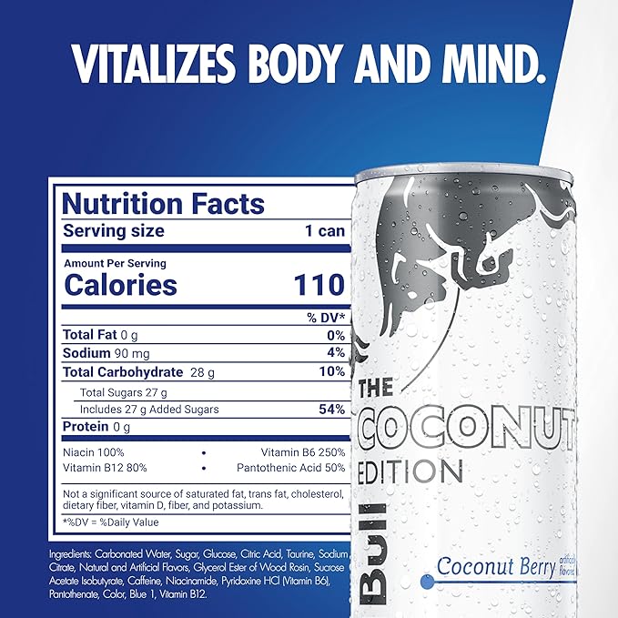 Red Bull Coconut Edition Energy Drink, Coconut Berry, with 80mg Caffeine plus Taurine & B Vitamins, 8.4 Fl Oz, Pack of 24 Cans