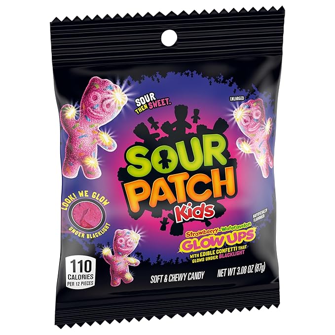SOUR PATCH KIDS Glow Ups Strawberry-Watermelon Soft & Chewy Candy, Bulk Candy, 12-3.08 oz Bags