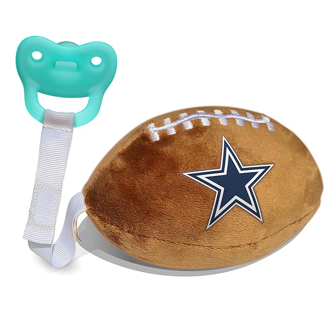 Dallas Cowboys Plush Football Pacifier Holder with Newborn Paci by Smilo - Officially Licensed NFL Soother Holder - Soft Plush Toy and Binky - Fits Any Pacifier - NFL Baby Essential