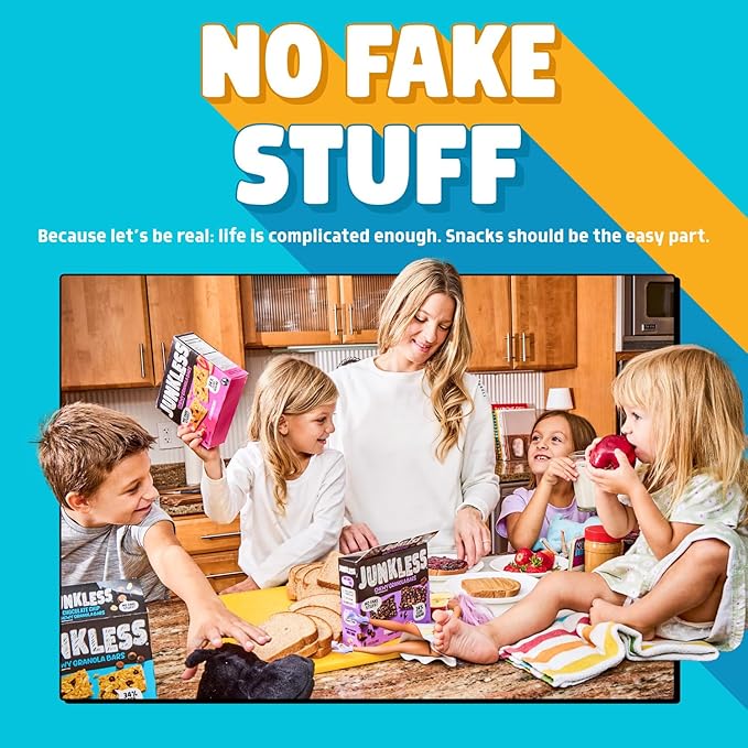 JUNKLESS Chewy Granola Bar 4‑Flavor Variety Pack (24 Bars)–Non‑GMO, Gluten‑Free, Less Sugar Snack Bars— Chocolate Chip, Peanut Butter Chocolate Chip, Cinnamon Roll & Real Strawberry, 4 Boxes